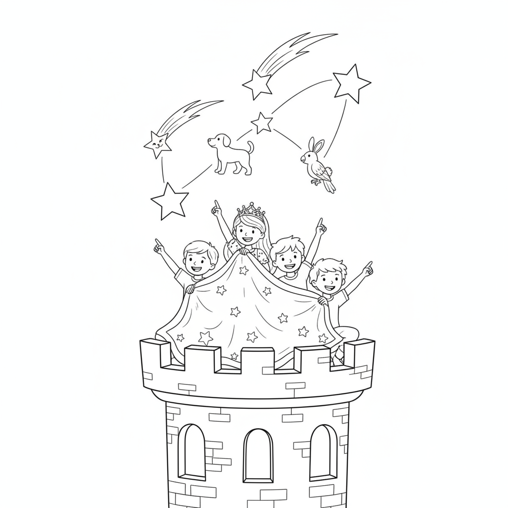 Kinder Unter einer Decke auf einem Schloss-Turm — Prinzessinnen Ausmalbild — Kostenlos Ausdrucken