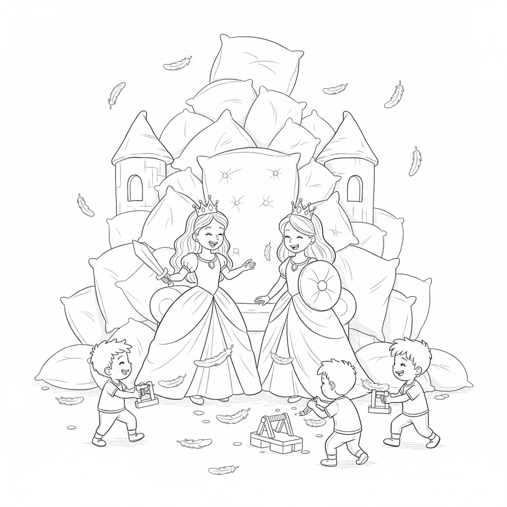 Two Princesses Pillow Fighting in a Fort — Free Coloring Page for Kids