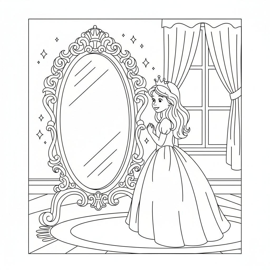 Princess at Mirror — Free Coloring Page for Kids coloring page
