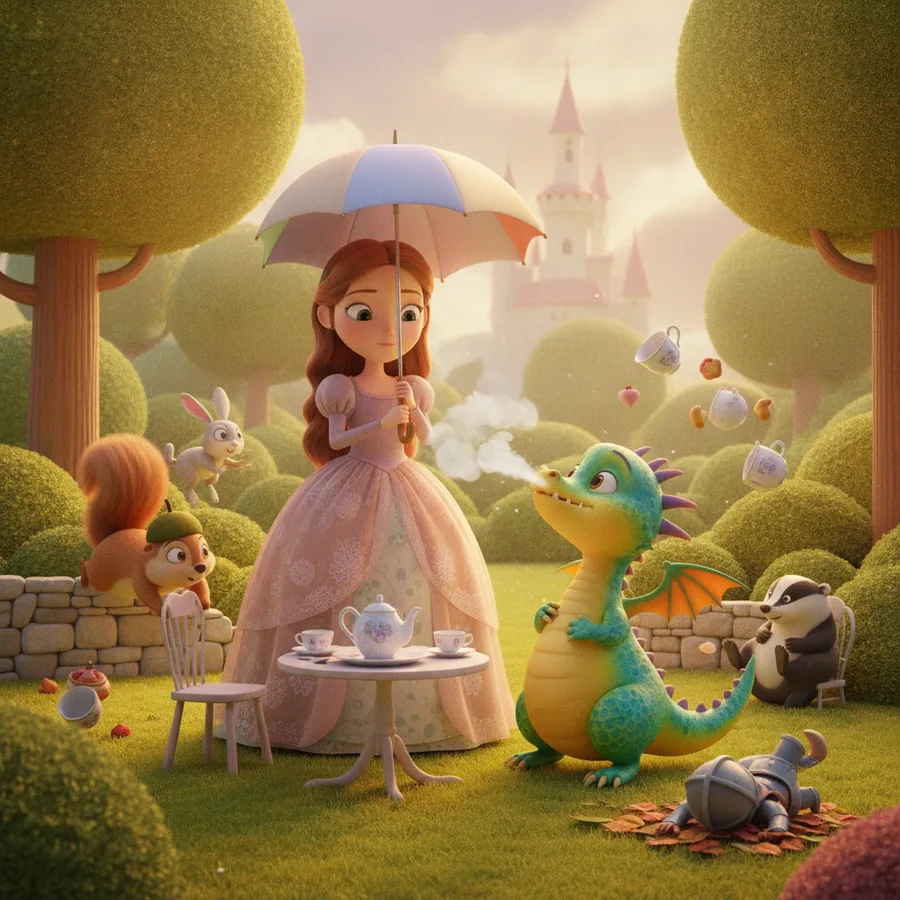 Cette scène enchanteresse présente une fille en robe rose et un dragon amical. La robe est facile à colorier, tandis que les détails du dragon offrent un défi amusant.