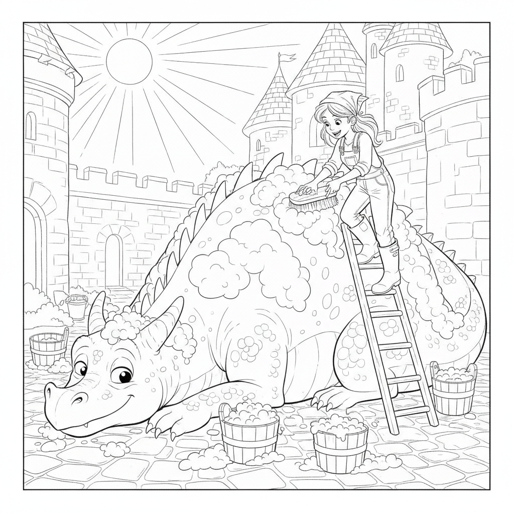 Dragón Amistoso en el Patio del Castillo — Dibujos de Princesas para Colorear — Gratis para Imprimir