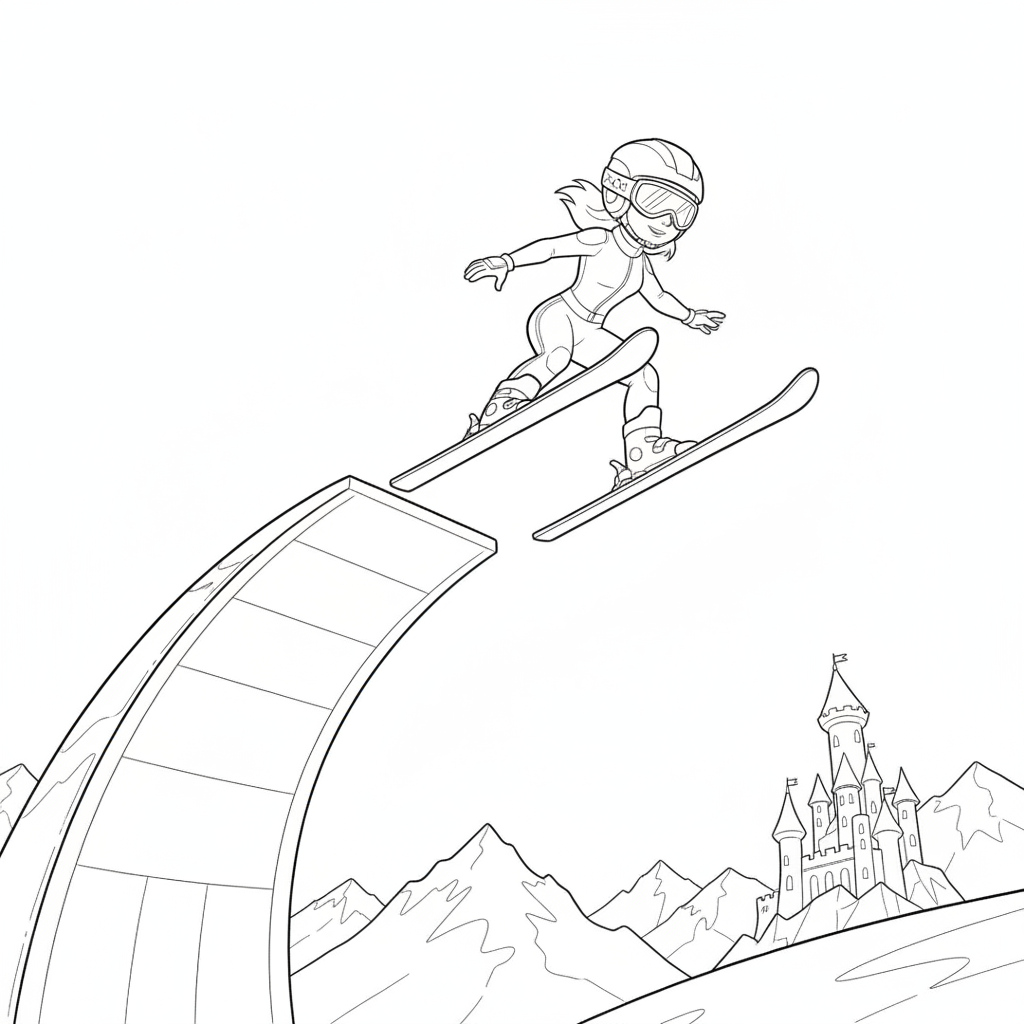 Cheerful Princess Ski Jumping — Free Coloring Page for Kids