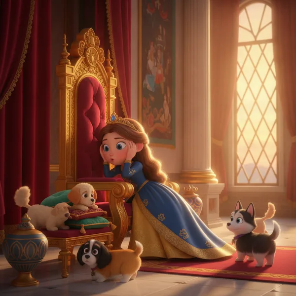 Una Princesa Joven con Adorables Cachorros — Dibujos de Princesas para Colorear — Gratis para Imprimir