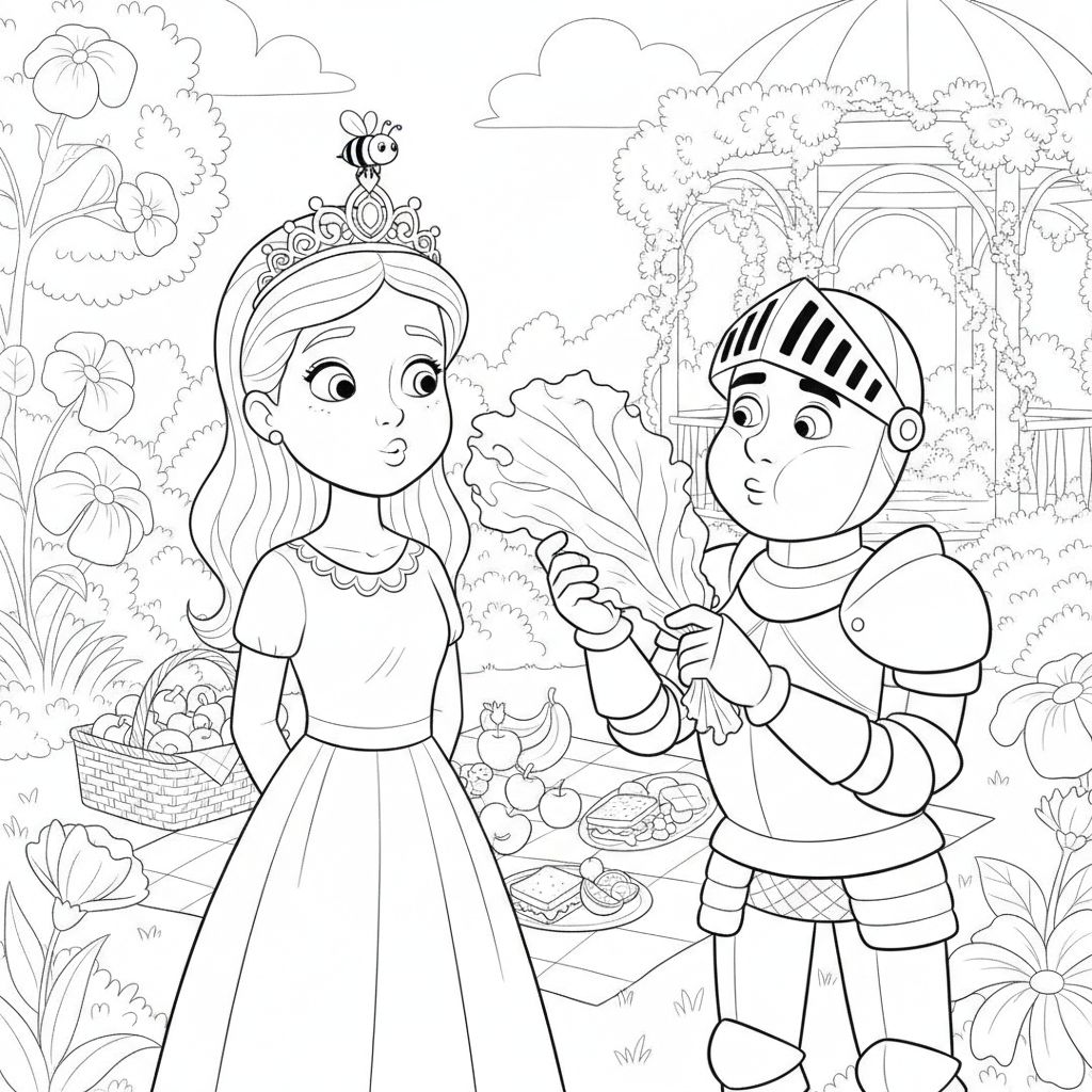 Surprised Princess in Garden — Free Coloring Page for Kids