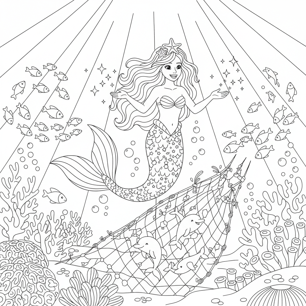 Mermaid Princess with Dolphins — Free Coloring Page for Kids coloring page