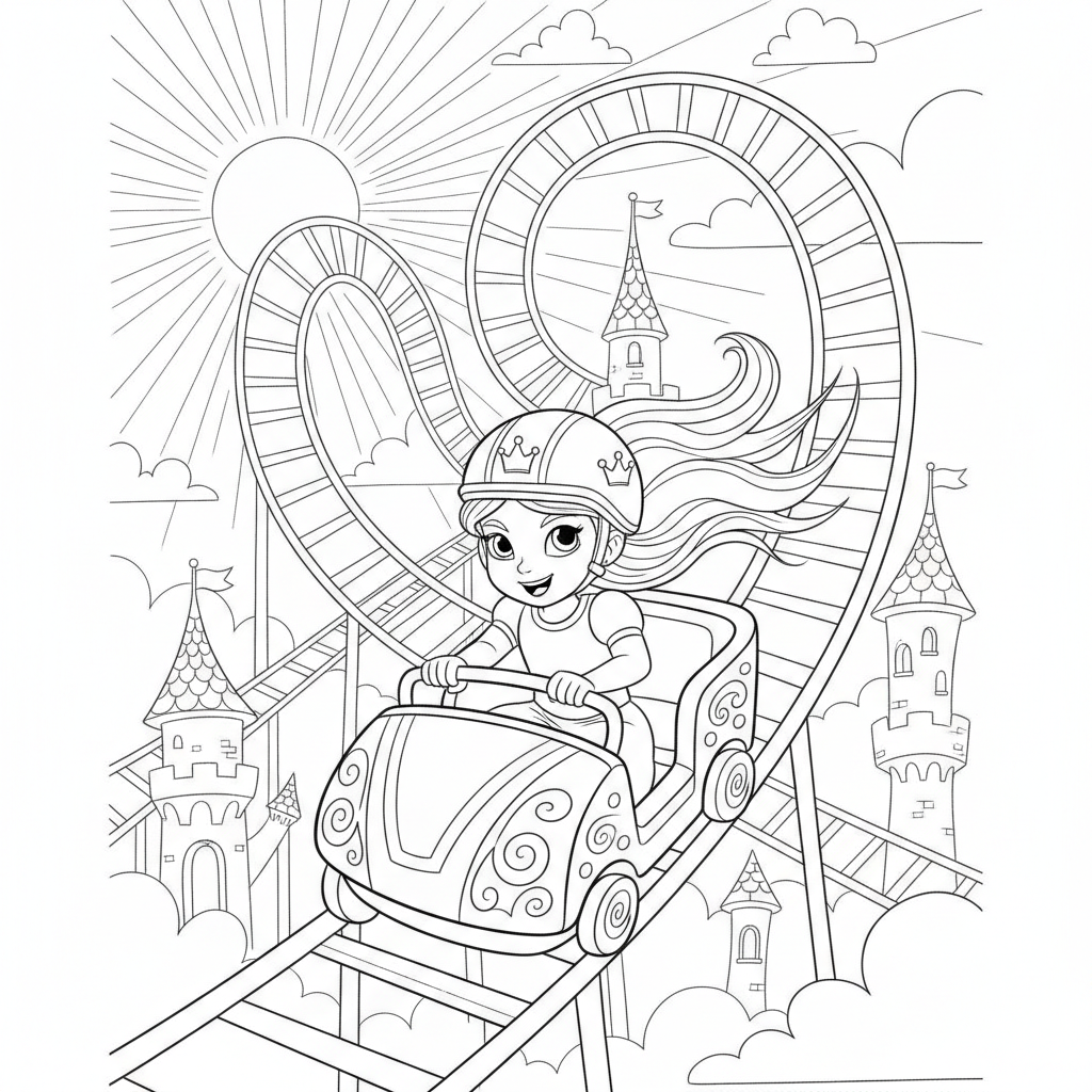 Princess in a Pink Helmet on a Roller Coaster — Free Coloring Page for Kids