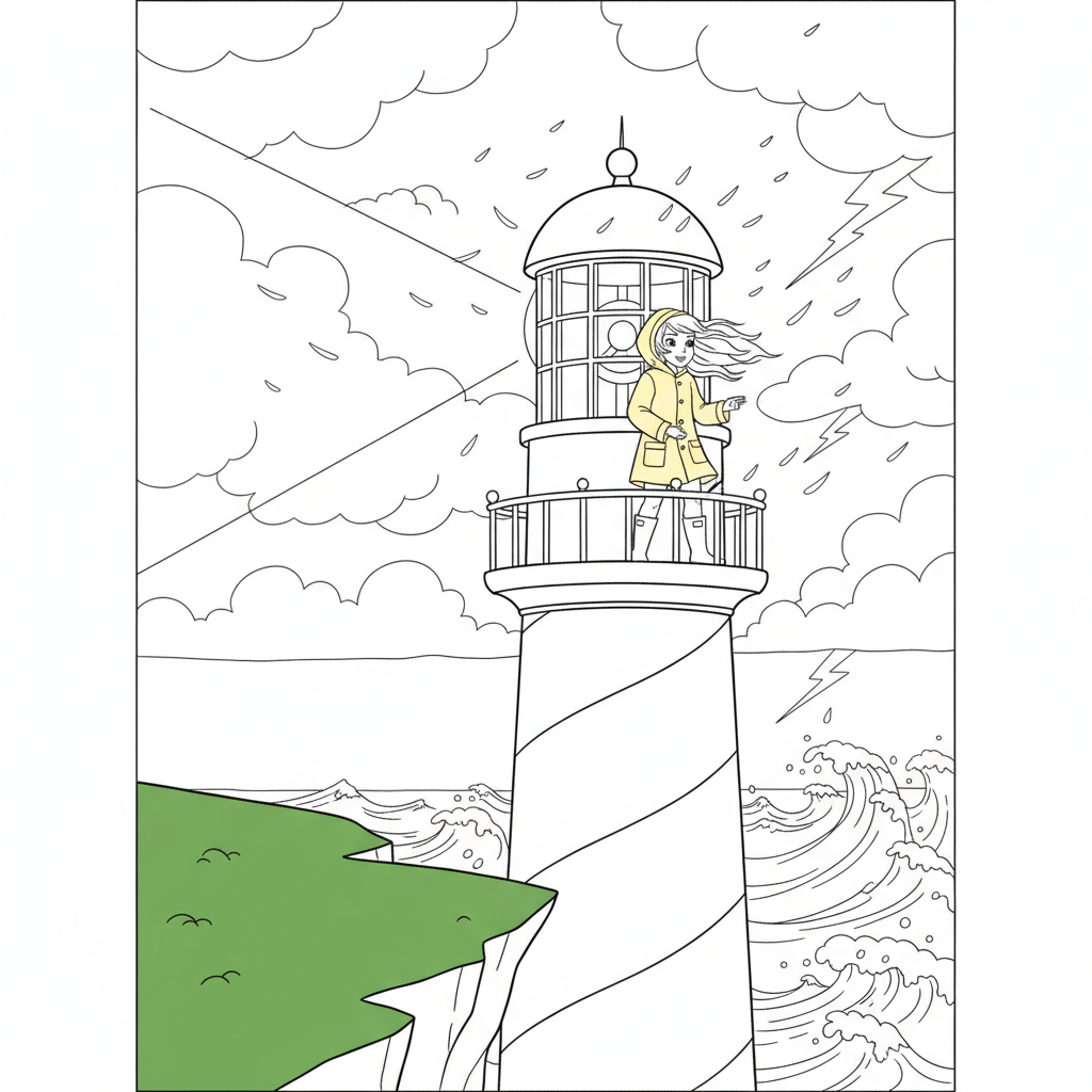 Young Princess at a Stormy Lighthouse — Free Coloring Page for Kids
