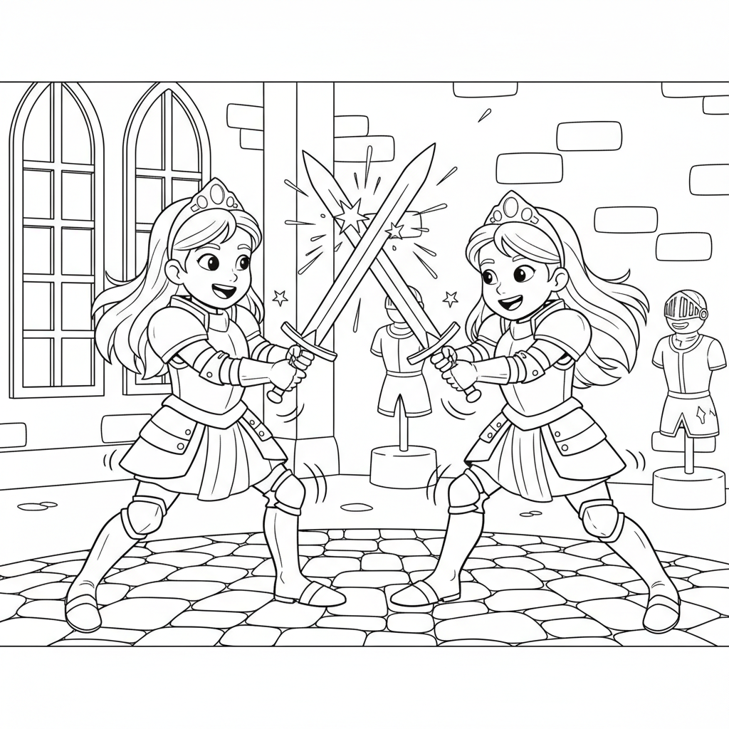 Princesses Sword Fight — Free Coloring Page for Kids coloring page
