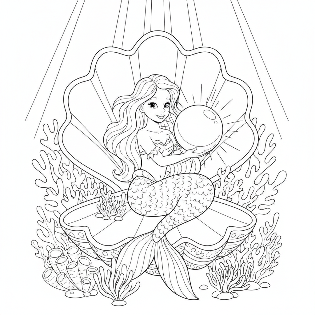 Cheerful Mermaid in a Seashell — Free Coloring Page for Kids