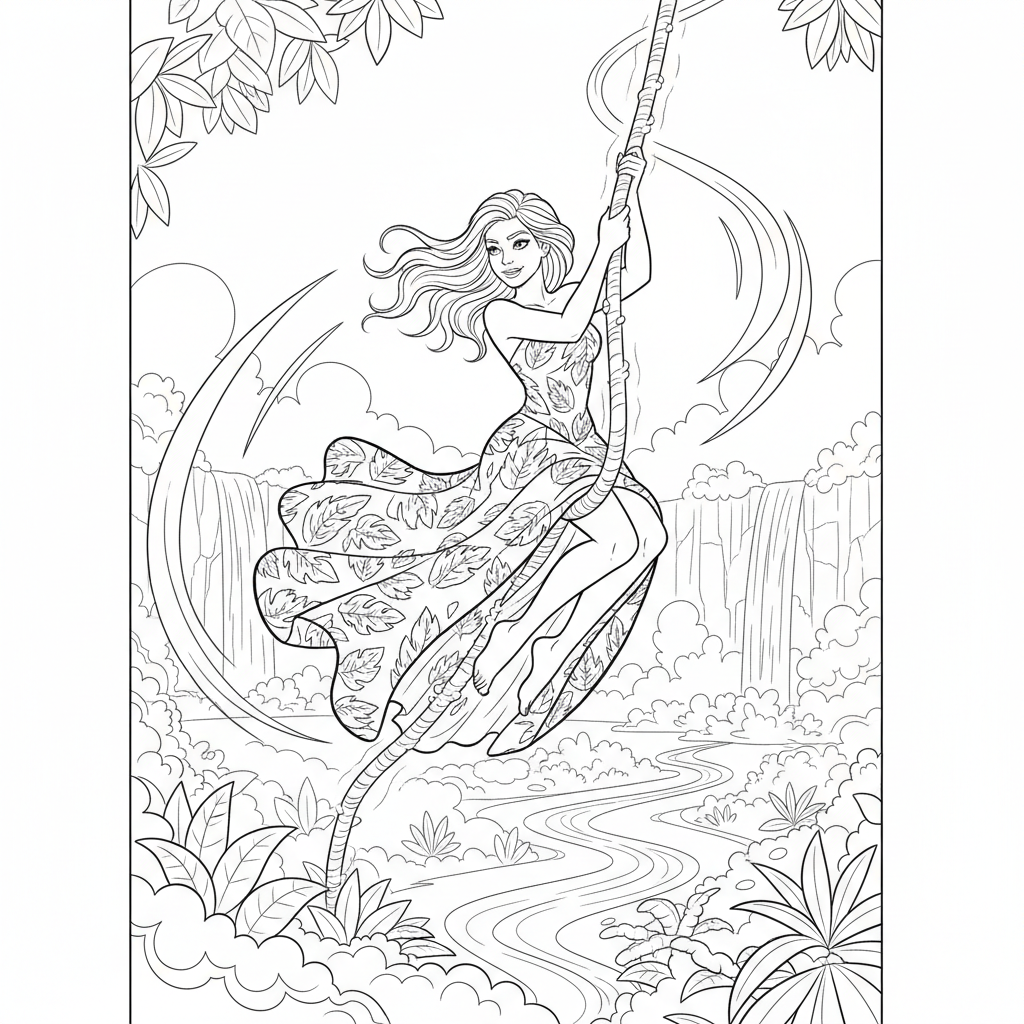Jungle Princess Vine Swing — Free Coloring Page for Kids coloring page