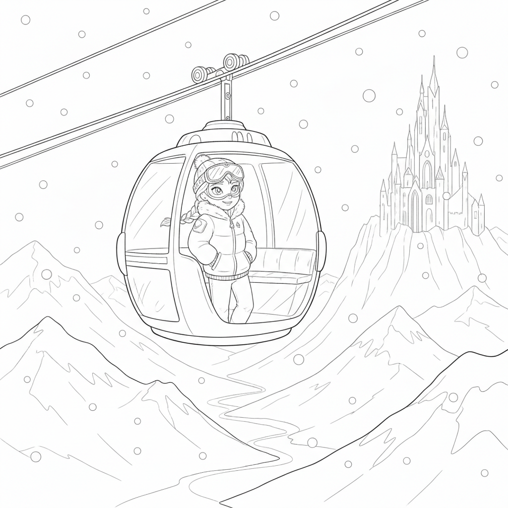 Cheerful Princess in a Gondola Above Winter Wonderland — Free Printable Coloring Page for Kids