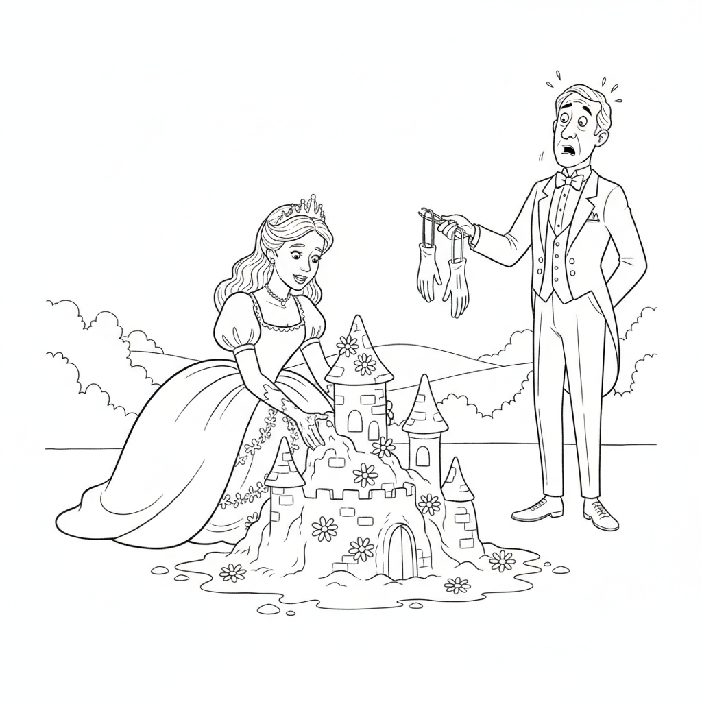 A girl builds a chocolate castle — Free Coloring Page for Kids