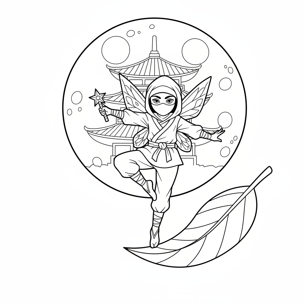 Ninja Fairy on Leaf — Free Coloring Page for Kids coloring page
