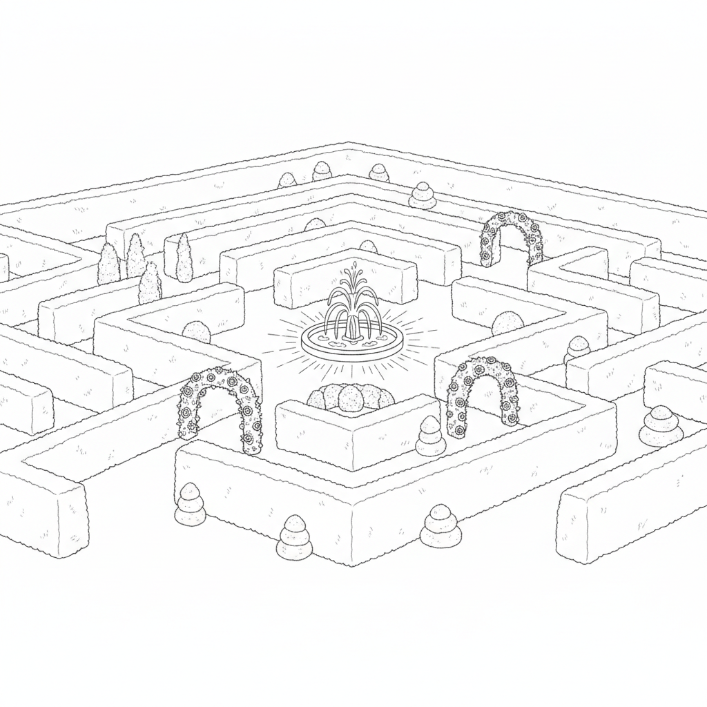 Enchanted Hedge Maze with Fountain — Free Coloring Page for Kids coloring page
