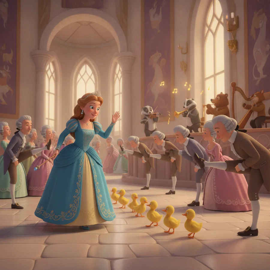 Cette image magique présente une princesse en robe bleue dirigeant des canards jaunes. Les zones faciles incluent les canards, tandis que l'architecture offre des détails plus difficiles.