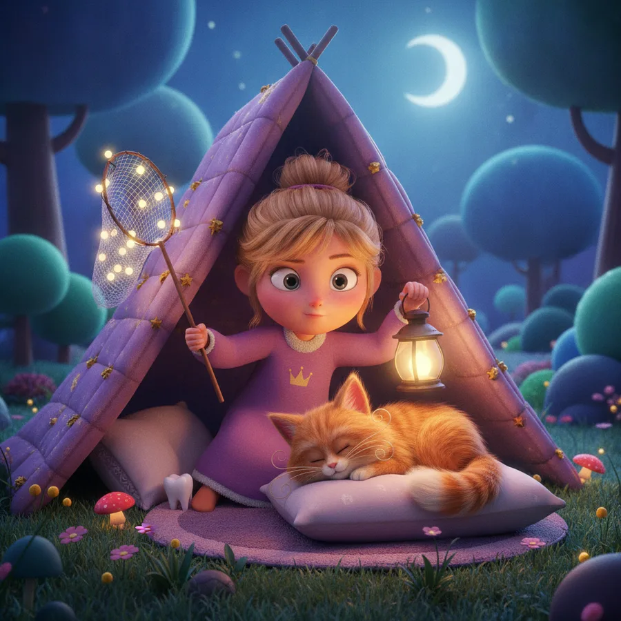 Cette page de coloriage charmante présente une fille dans une tente violette avec un chat endormi. La tente et les champignons sont faciles à colorier, tandis que la lanterne est plus détaillée.