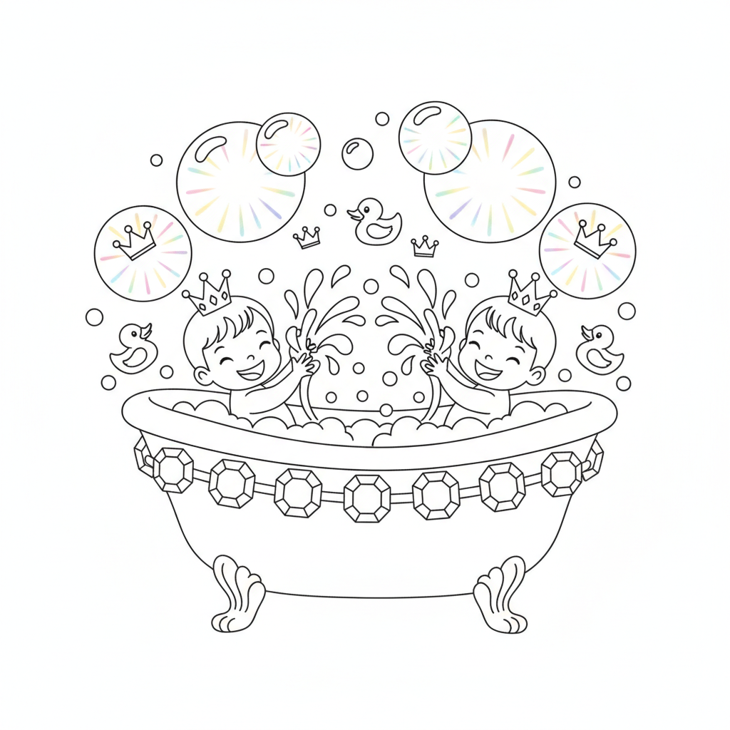 Twin Baby Princess Bath — Free Printable Coloring Page for Kids coloring page