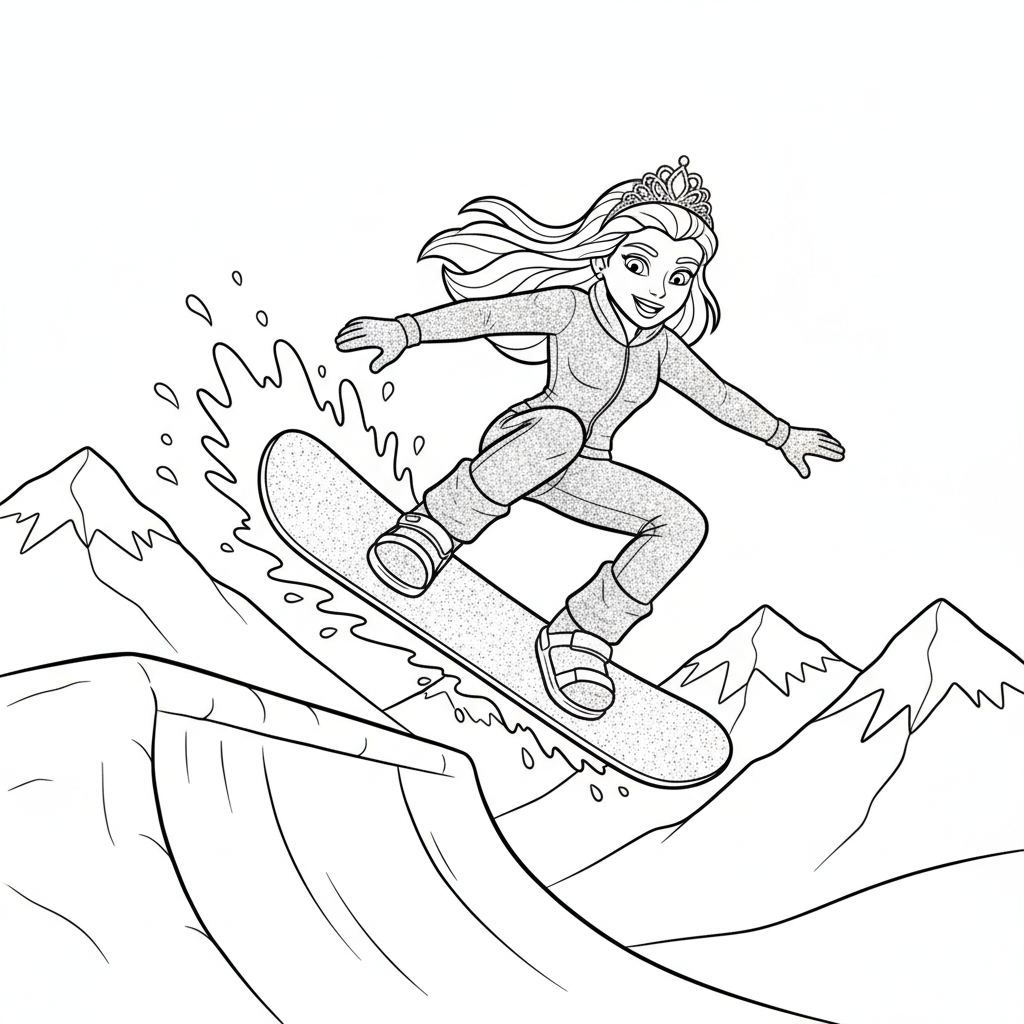 Princess Snowboard Fun — Free Coloring Page for Kids coloring page