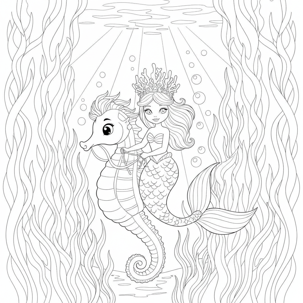 Mermaid Riding a Seahorse — Free Coloring Page for Kids