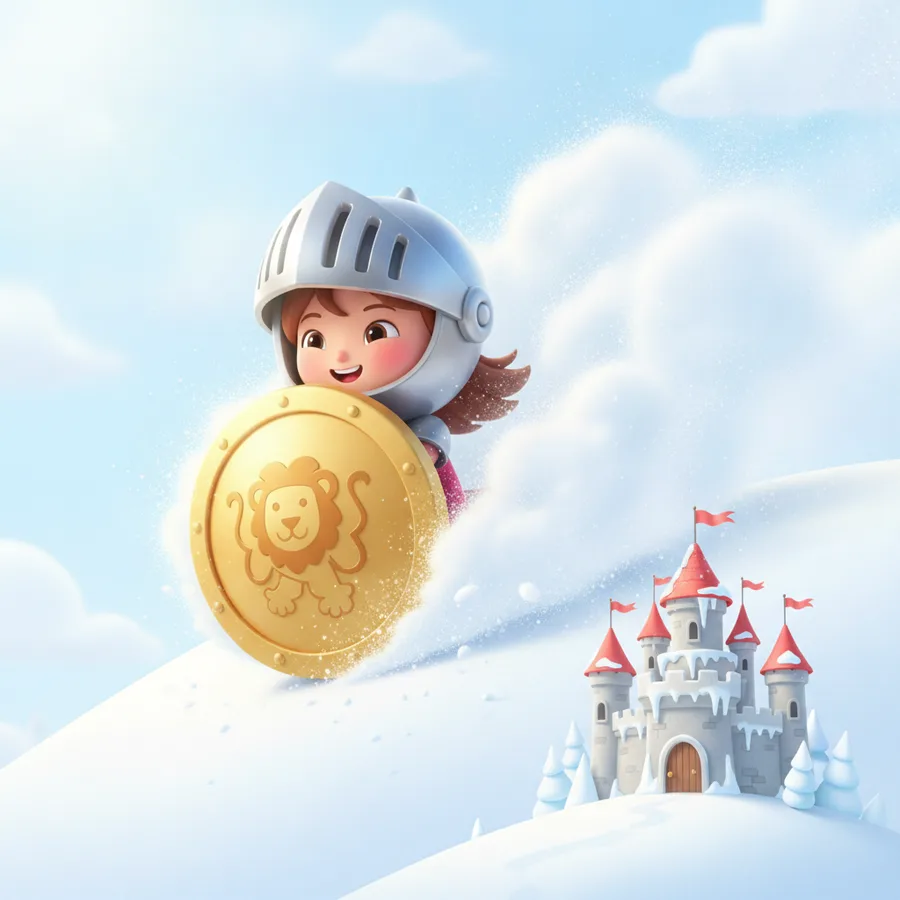 This coloring page features a cheerful girl dressed as a knight, sliding down a snowy hill. The large shield and whimsical castle provide fun areas to color, while the intricate details of the armor can be a bit challenging.