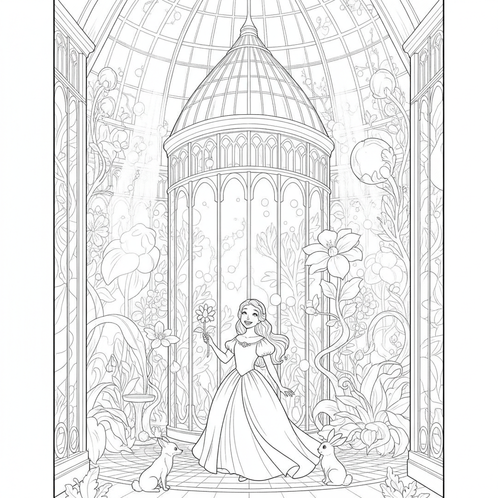 A young girl in a magical garden — Free Coloring Page for Kids coloring page