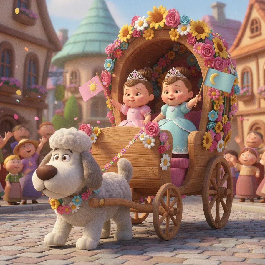 Cette page à colorier met en scène deux princesses heureuses dans un char fleuri. Les robes et les fleurs sont faciles à colorier, tandis que le char et le village offrent un défi amusant.