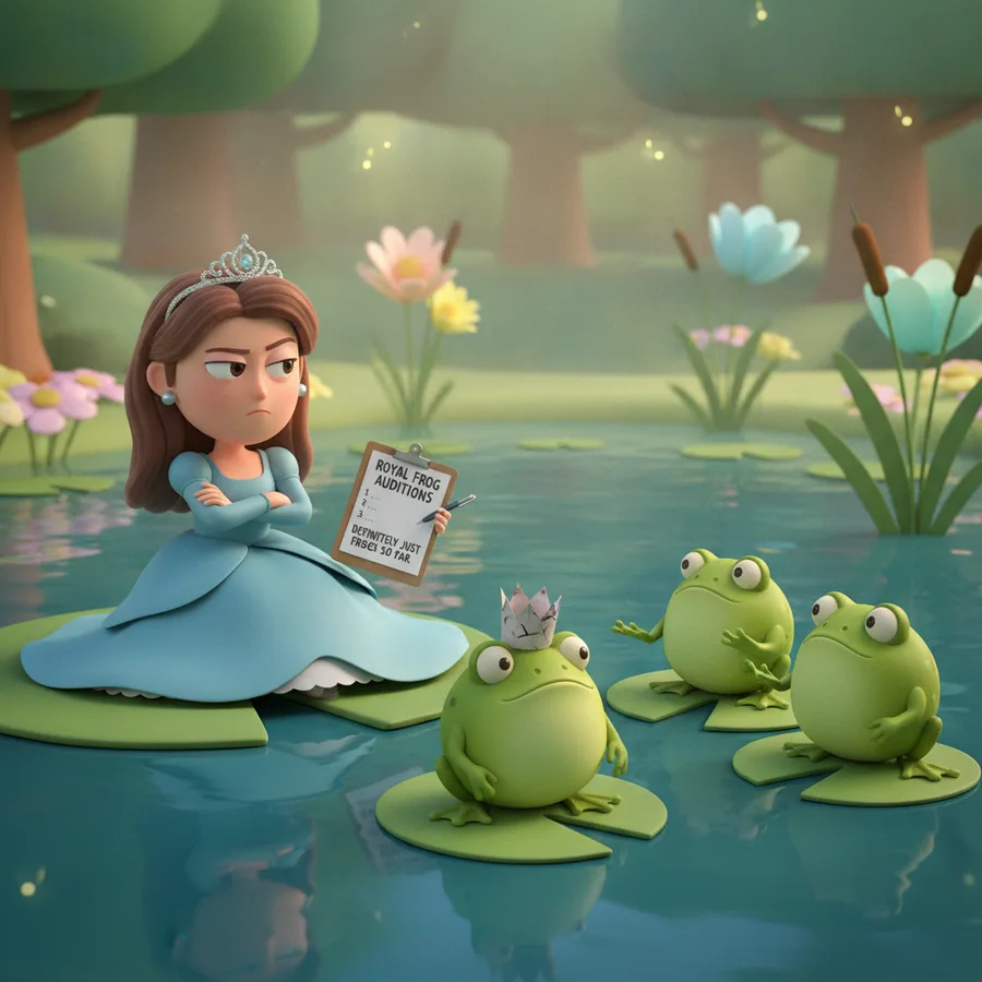 This coloring page features a princess looking annoyed while sitting on a lily pad. The easy areas include the frogs and the background flowers, while the gown details offer a fun challenge.