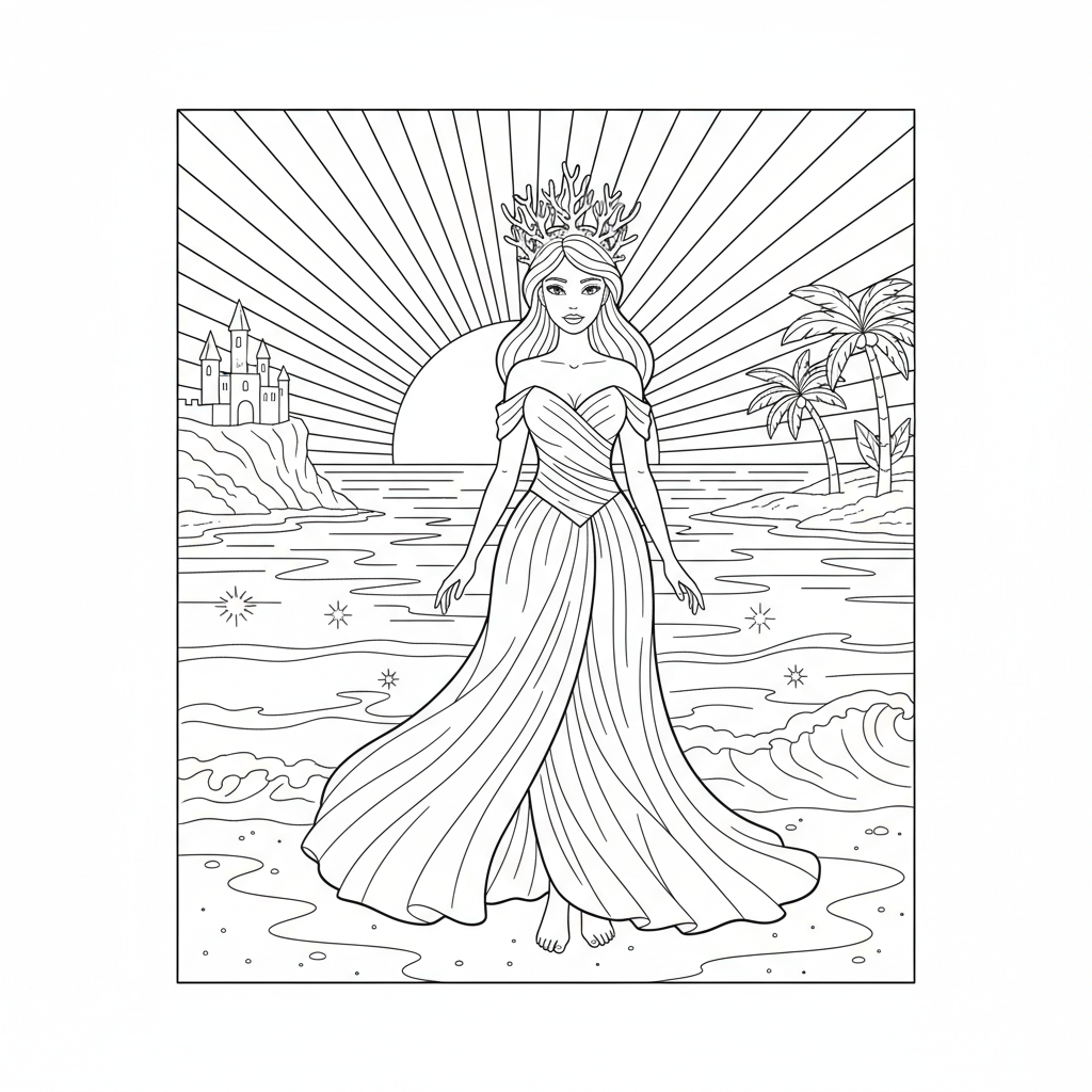 Sea Princess Coral on the Beach — Free Coloring Page for Kids coloring page
