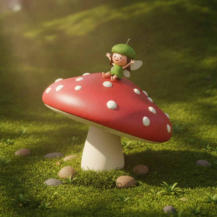 Diese bezaubernde Szene zeigt eine fröhliche Fee, die auf einem großen roten Pilz sitzt, umgeben von einer üppigen Wiese. Die großen Flächen des Pilzes sind einfach auszumalen, während die feinen Details der Fee eine unterhaltsame Herausforderung bieten.