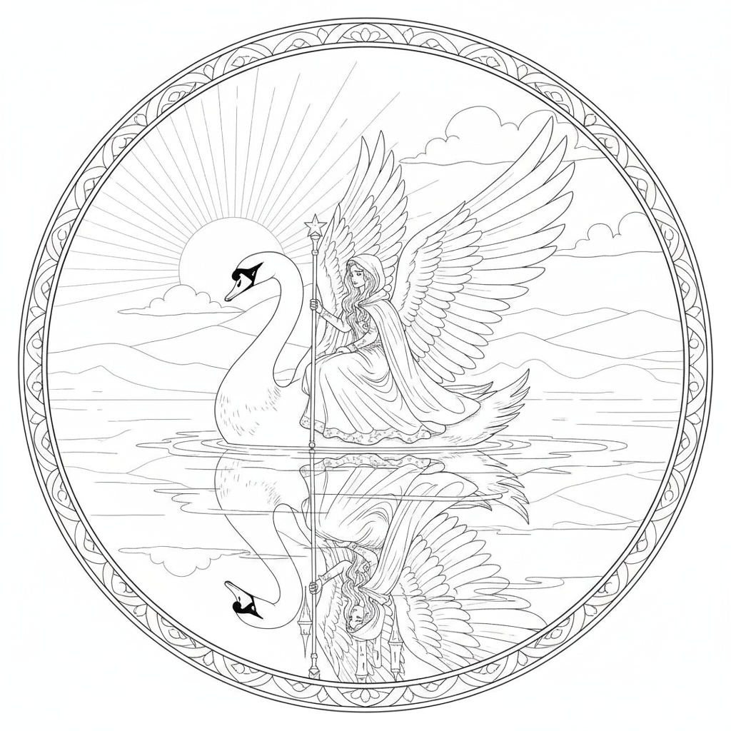 Château Enchanté et Cygne — Coloriage Princesses — Gratuit à Imprimer