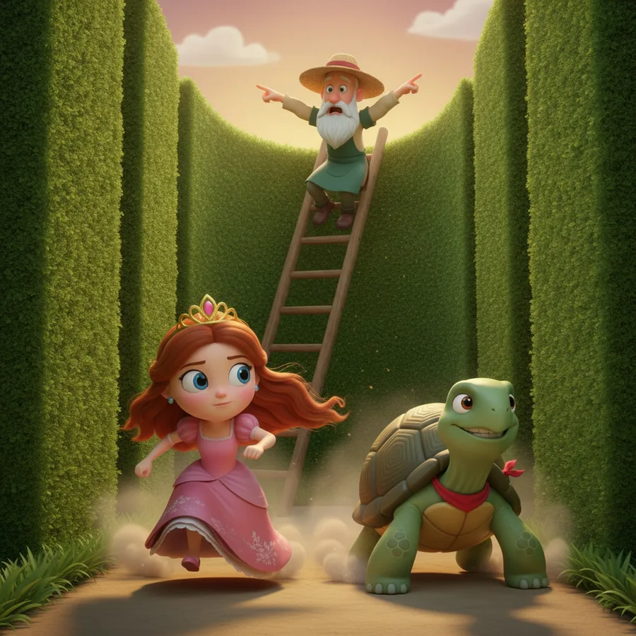 This enchanting scene features a lively princess and a turtle, with large areas like the gown and the maze making it easy to color. The details in the crown and the man's outfit provide a fun challenge.