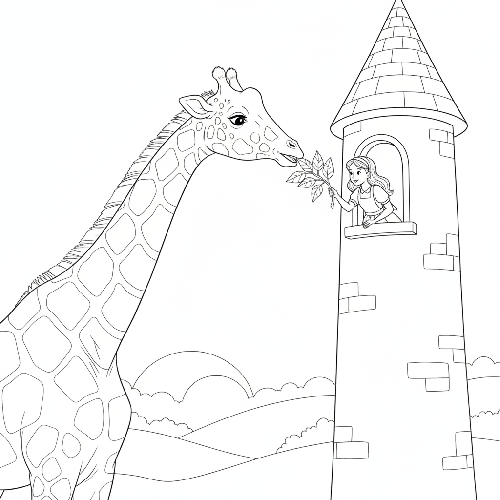 Young Princess in Tower Window with Giraffe — Free Coloring Page for Kids