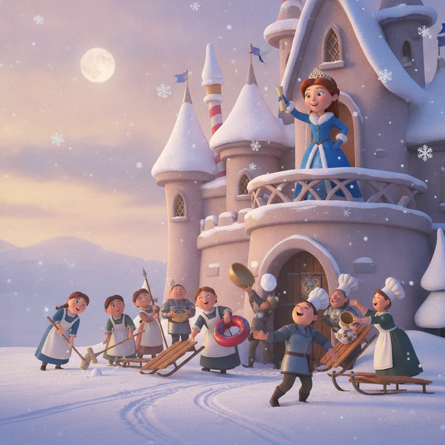 This delightful winter scene showcases a princess in a blue gown and happy characters below. Easy areas include large snowflakes, while the castle details offer a fun challenge.