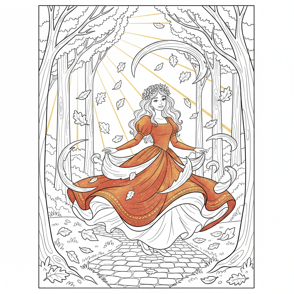 Autumn Princess Twirl — Free Coloring Page for Kids coloring page