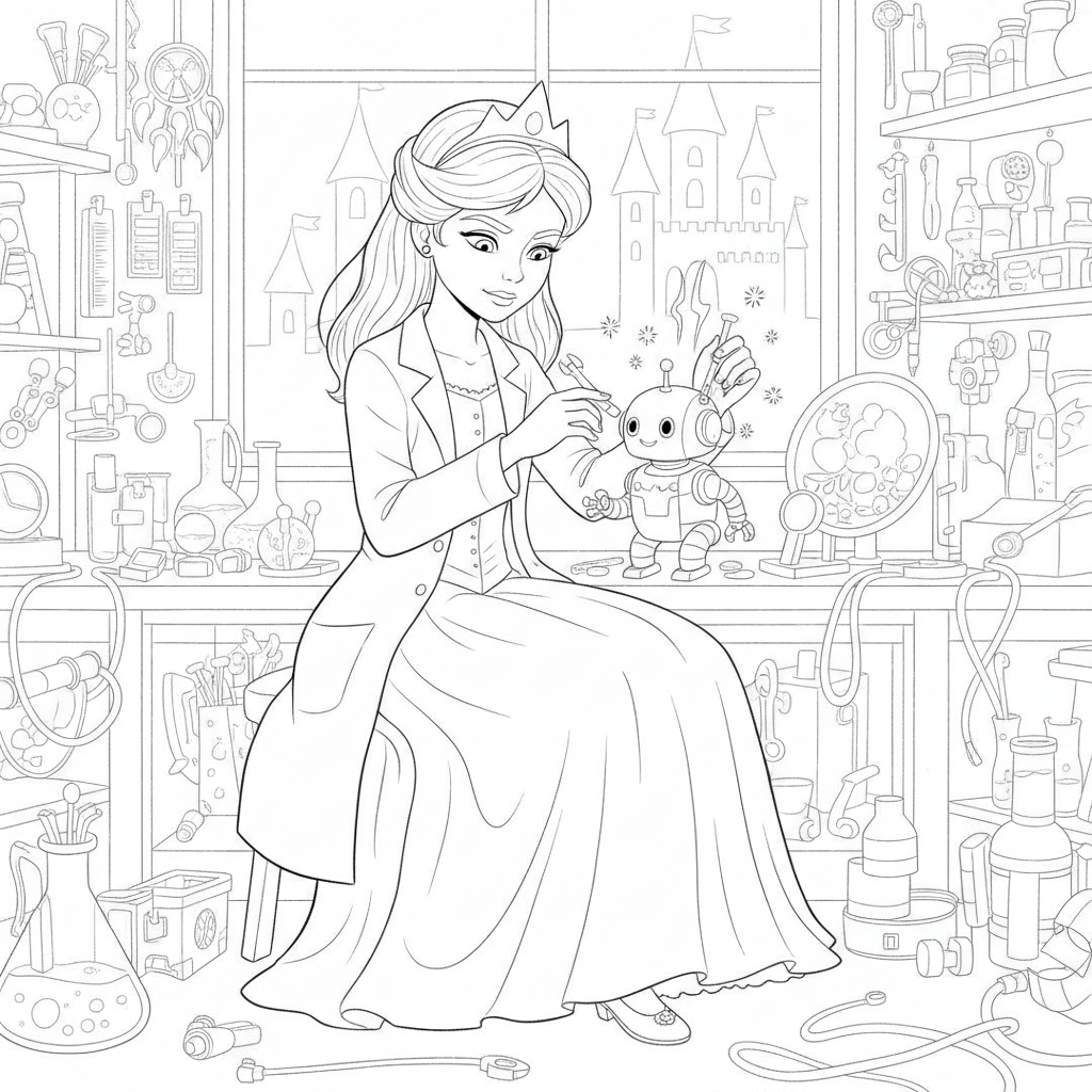 Young Girl in a Robotics Lab — Free Coloring Page for Kids coloring page