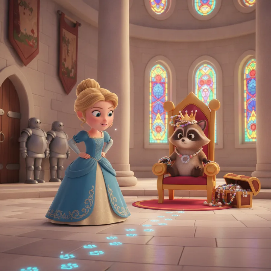 Dieses Ausmalbild zeigt eine fröhliche Prinzessin und einen Raccoon auf einem Thron und bietet ein unterhaltsames Erlebnis. Einfache Bereiche wie das Kleid stehen im Kontrast zu den komplizierten Details des Schlosses.
