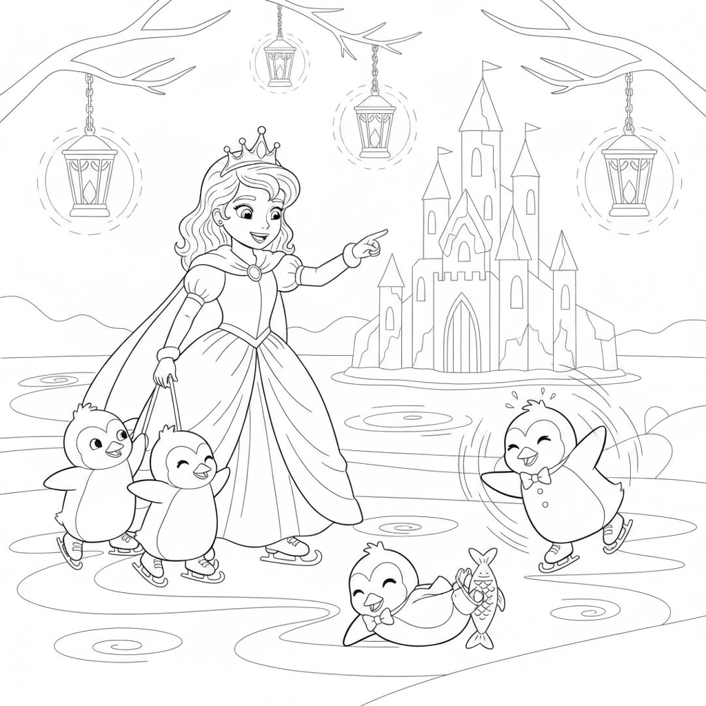 Cheerful girl ice skating with penguins — Free Coloring Page for Kids