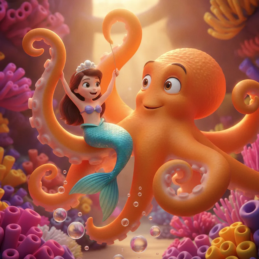 This delightful coloring page features a cheerful mermaid and a friendly octopus. The bubbles and coral reefs offer easy areas to color, while the characters provide more intricate details for a fun challenge.