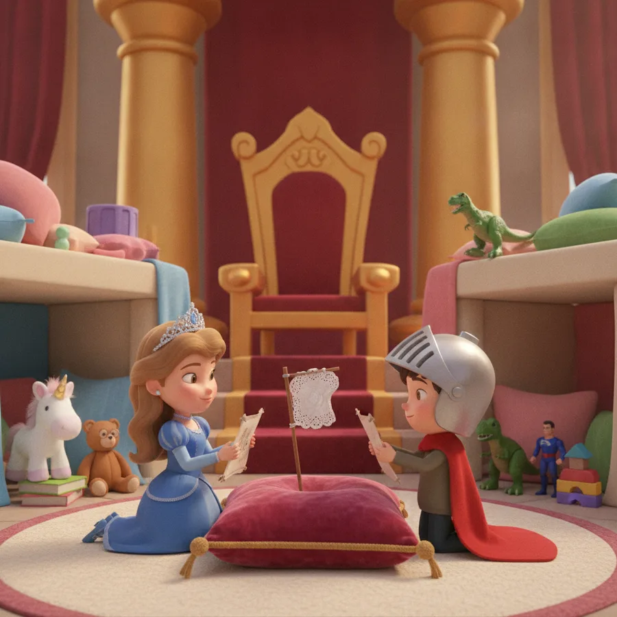 This coloring page features a delightful playroom where a princess and knight are at play. Easy areas to color include the plush toys, while the detailed costumes provide a fun challenge.