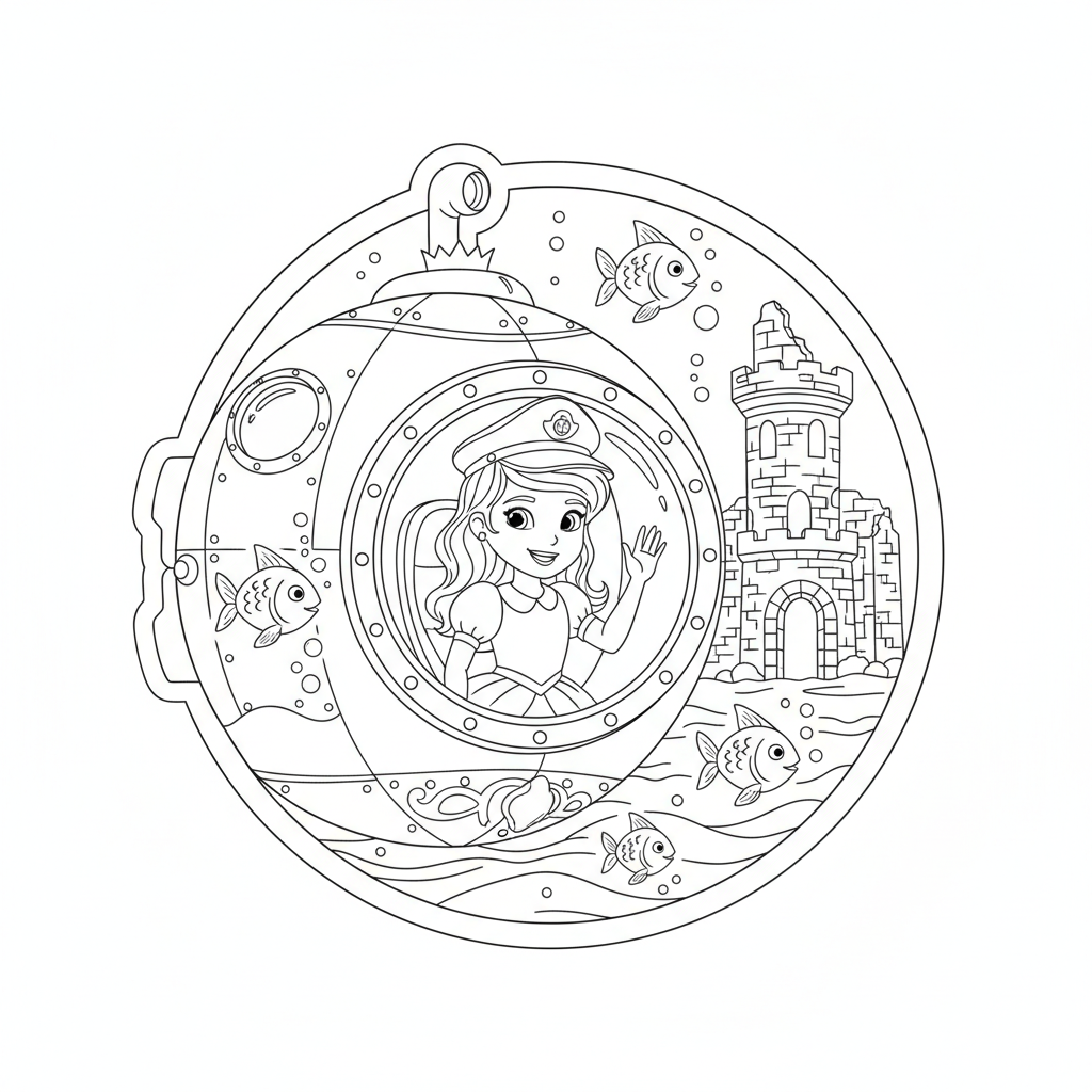 Cheerful Princess Steering a Submarine — Free Coloring Page for Kids