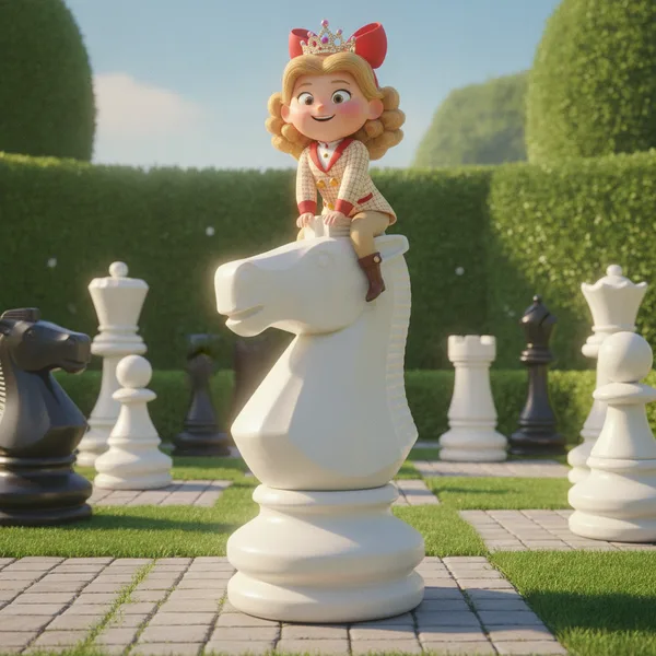 Cheerful Princess on a Giant Chess Piece — Free Coloring Page for Kids