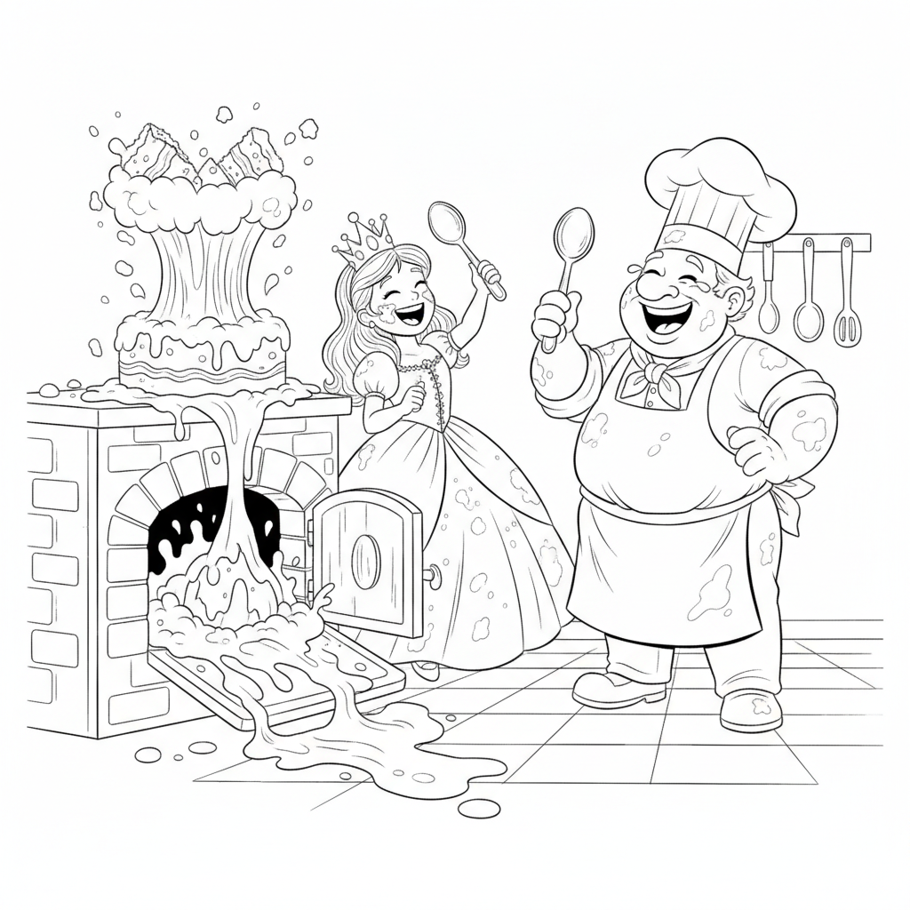 Cheerful Princess and Jovial Chef in Kitchen — Free Coloring Page for Kids