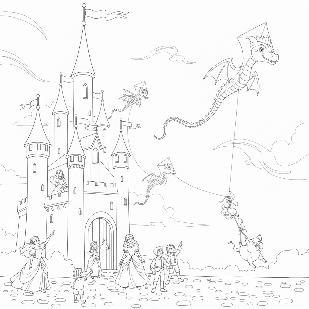 Princesses Interacting with Dragons — Free Coloring Page for Kids
