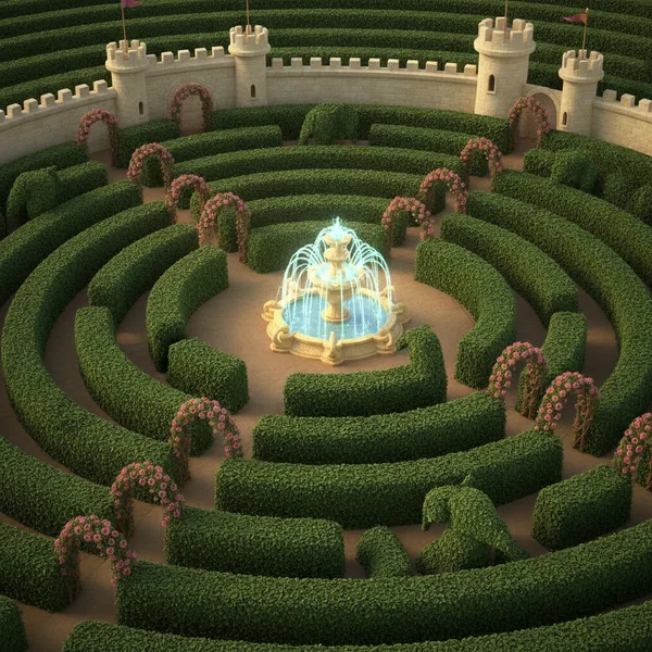 Enchanted Hedge Maze with Fountain — Free Coloring Page for Kids