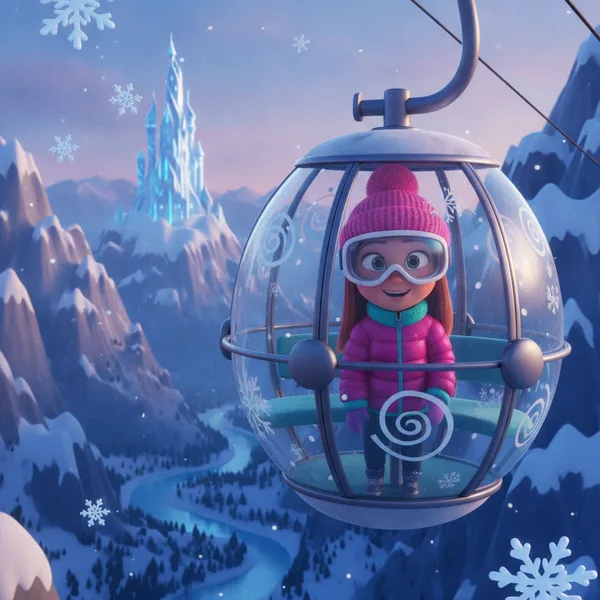 Cheerful Princess in a Gondola Above Winter Wonderland — Free Printable Coloring Page for Kids