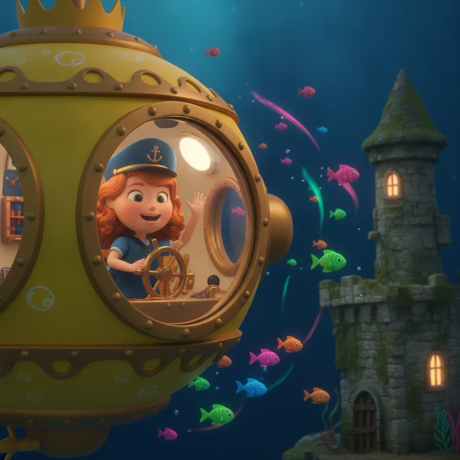 This coloring page showcases a joyful princess in a submarine. Easy areas include the fish and the submarine, while the details of the castle may offer a fun challenge.