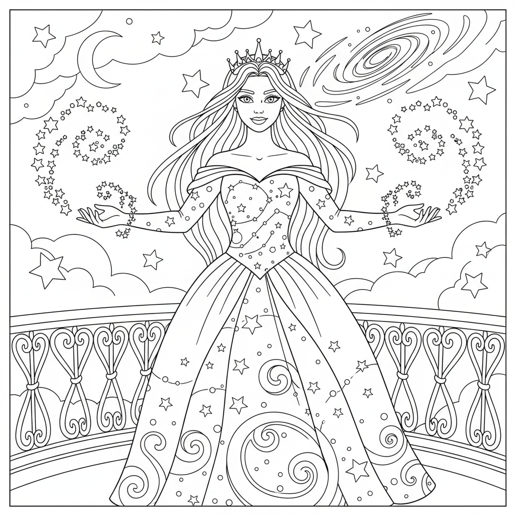 Magical Princess on a Starry Balcony — Free Coloring Page for Kids coloring page