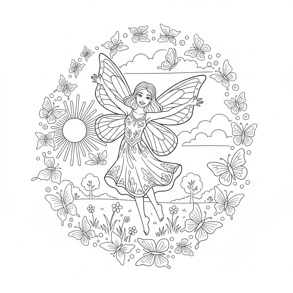 Butterfly Fairy Dance — Free Coloring Page for Kids coloring page