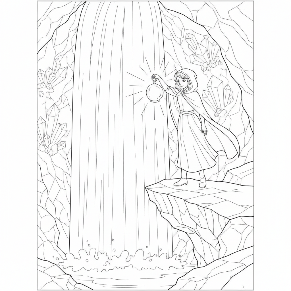 Young Princess in a Cave with Glowing Crystals — Free Coloring Page for Kids