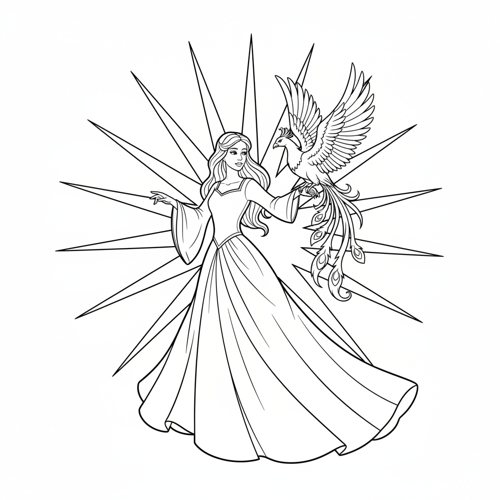 Princess with Phoenix — Free Coloring Page for Kids coloring page